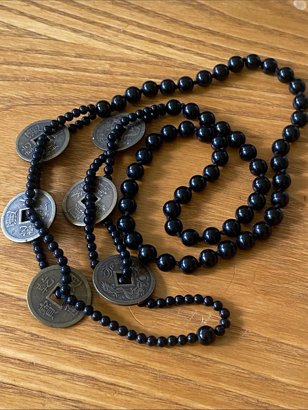 Onyx Black Beaded Chinese Coin Accent Necklace 32”